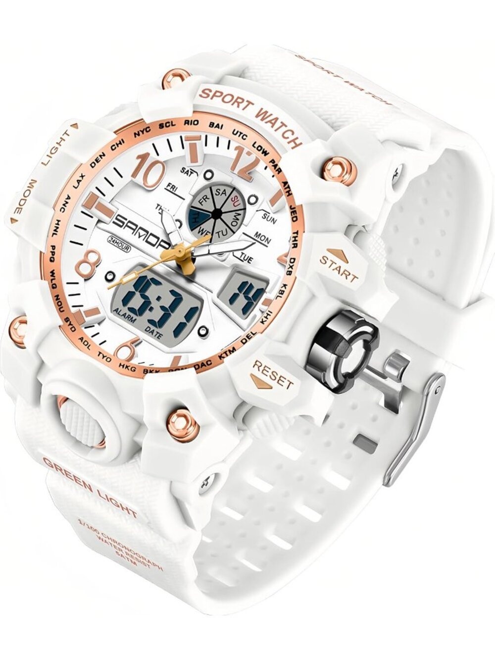 Women's White Rose Gold LED Light Large Face Analog Multifunctional Wrist Watch